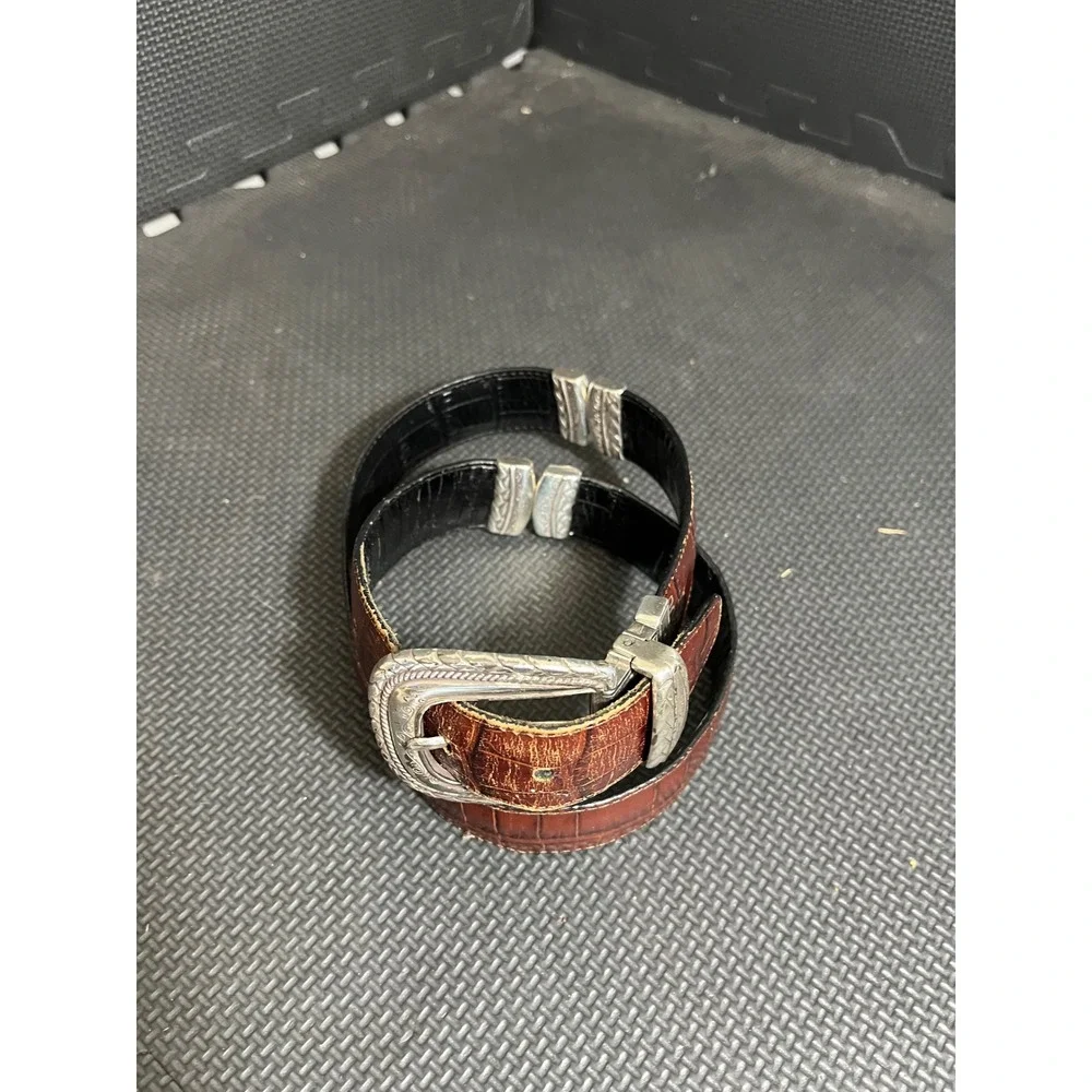 Onyx Brighton Reversible Belt‎ Unisex M Black Brown Faux Crocodile Silver Buckle